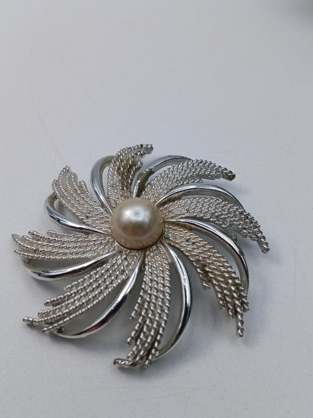 Vintage 1960s  Sarah Coventry Pinwheel Swirl Silver Tone Faux Pearl Brooch